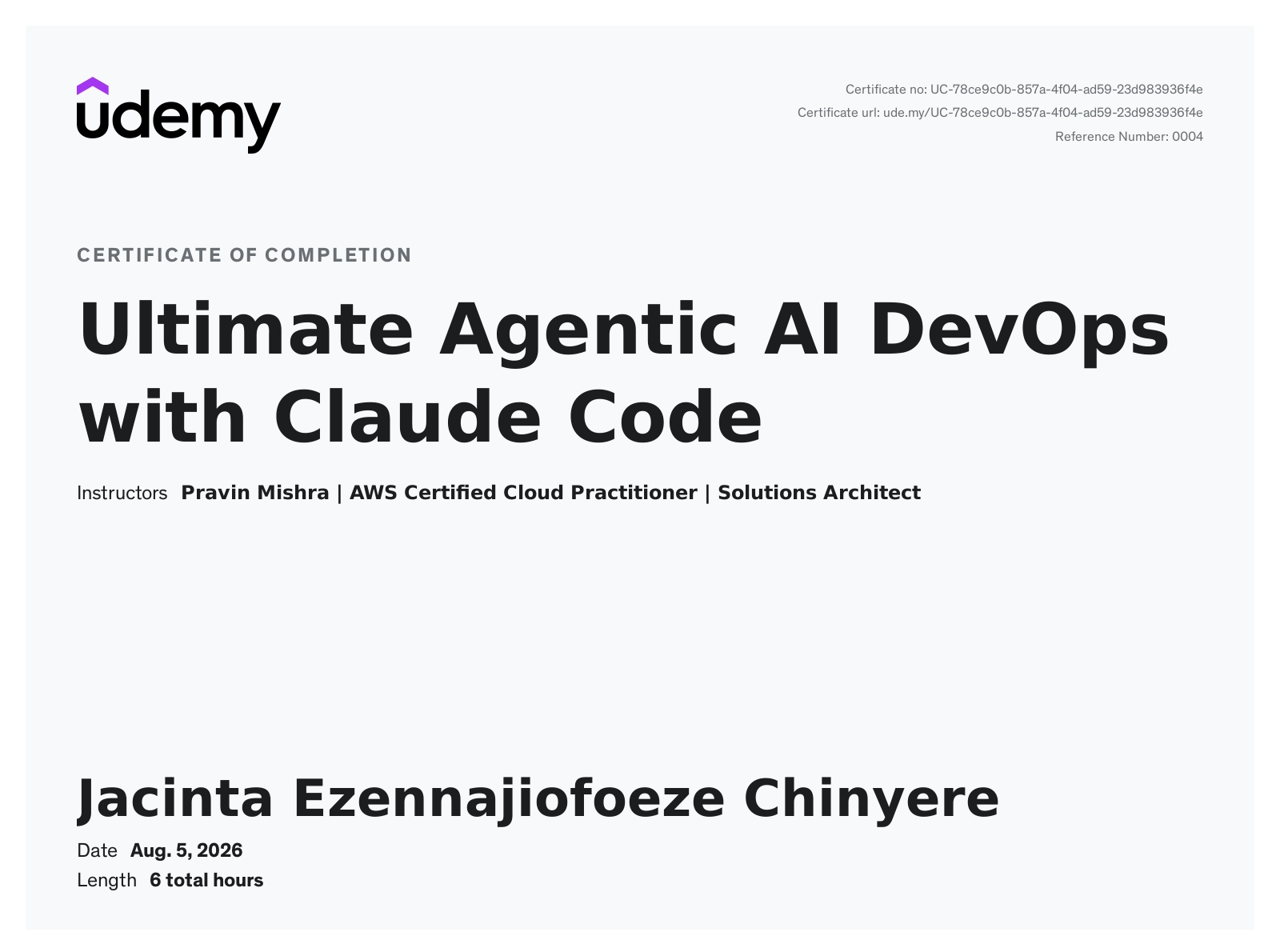 Certificate: Ultimate Agentic AI DevOps with Claude Code